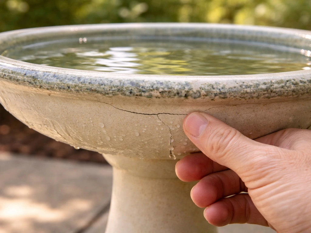 Hand running along the underside of a filled ceramic bird bath basin, feeling for hidden moisture from a crack.