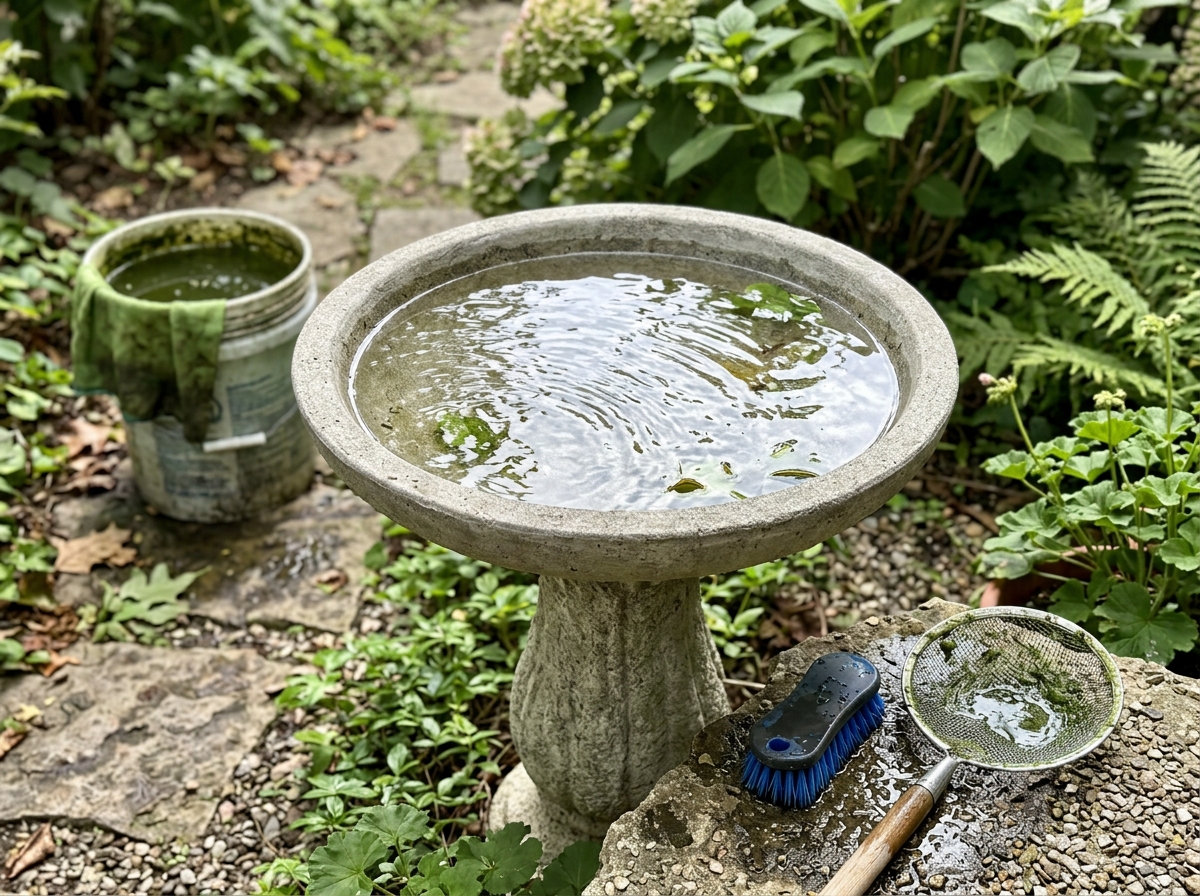 Pedestal bird bath showing clear bird sightline and proper height