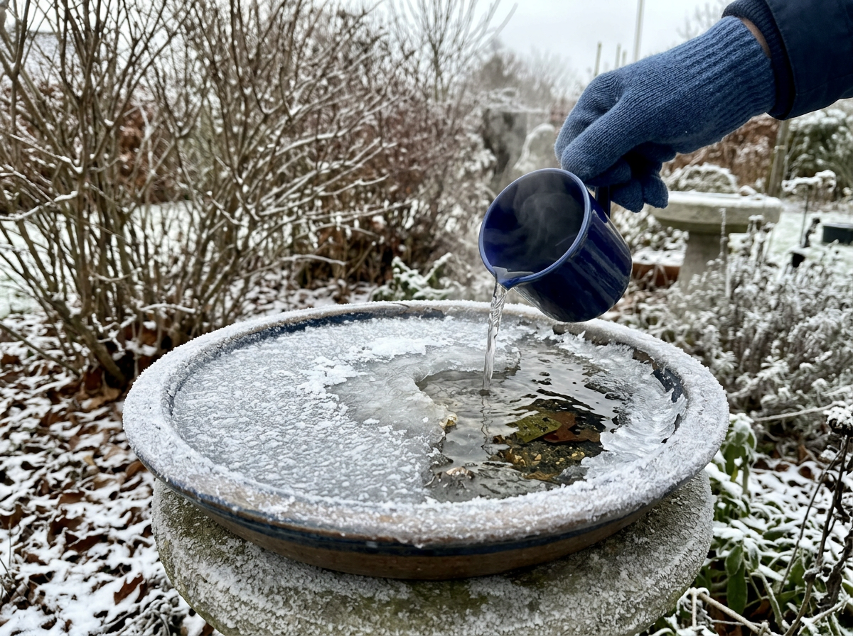 Cleaning a bird bath to remove debris and refill with clear water