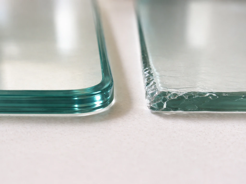 Side-by-side close-up of a rounded safe glass rim and a rough, unsafe glass edge.