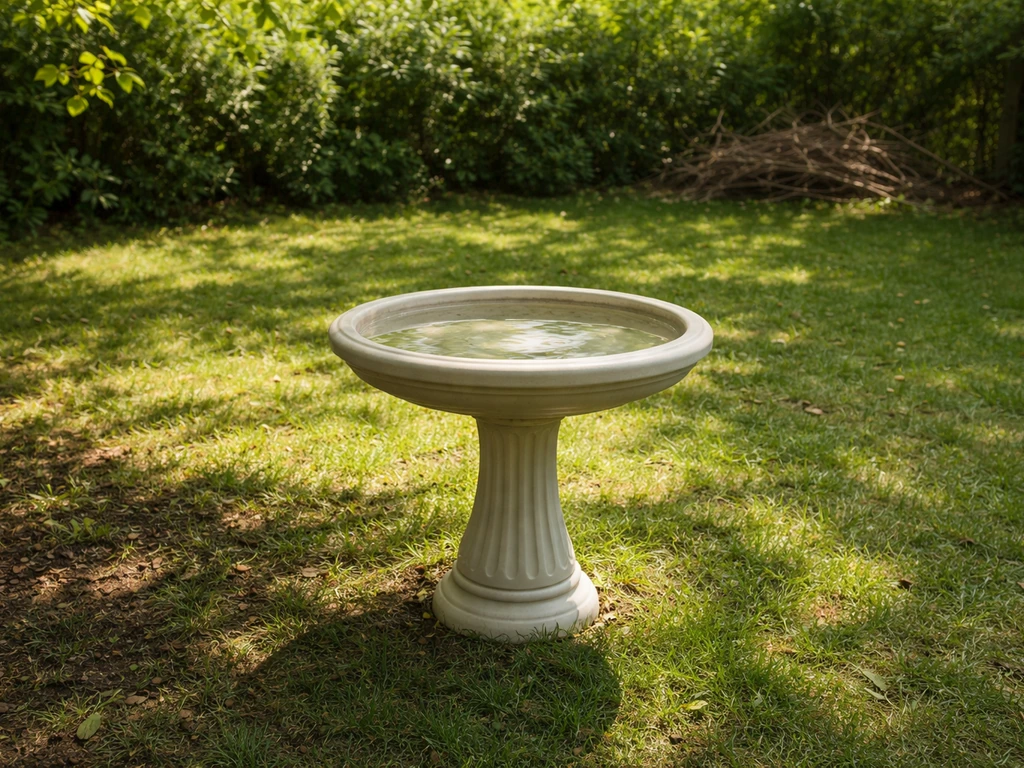 Birdbath in partial shade with morning sun and afternoon shade, set away from dense shrubs.