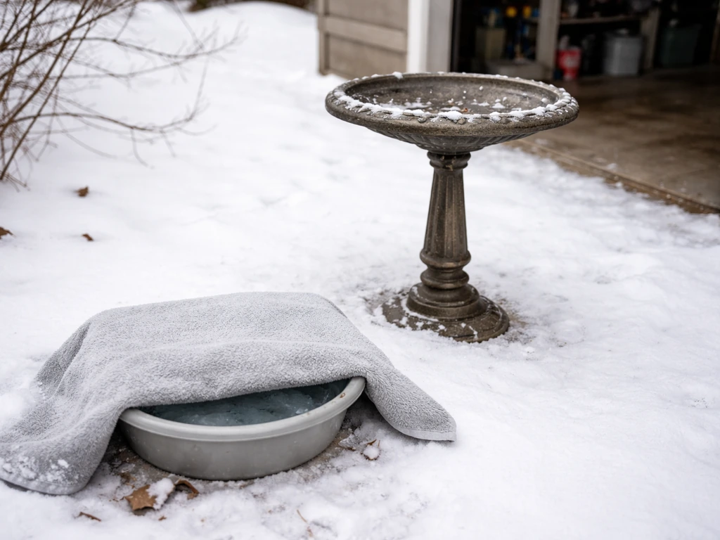 Winter yard bird bath with glass basin moved inside to prevent freezing damage