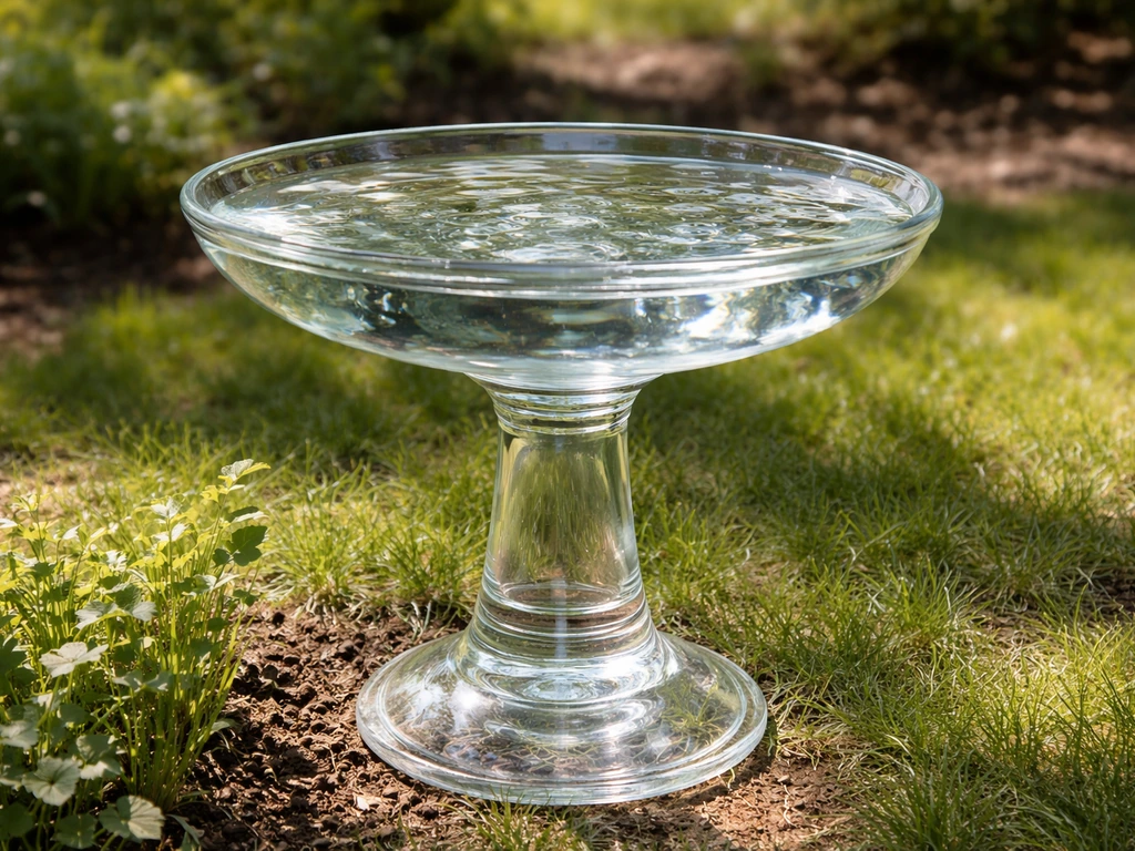 Finished glass vase bird bath on a pedestal outdoors with water and a small garden backdrop.