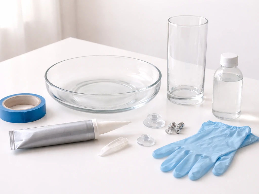 Supplies laid out on a table: shallow and tall glass vases, silicone sealant, tape, rubbing alcohol, gloves, mounting pi