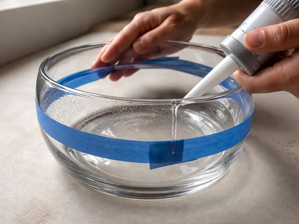 Close-up of hands taping and applying silicone to join cleaned glass vases into a stacked basin.