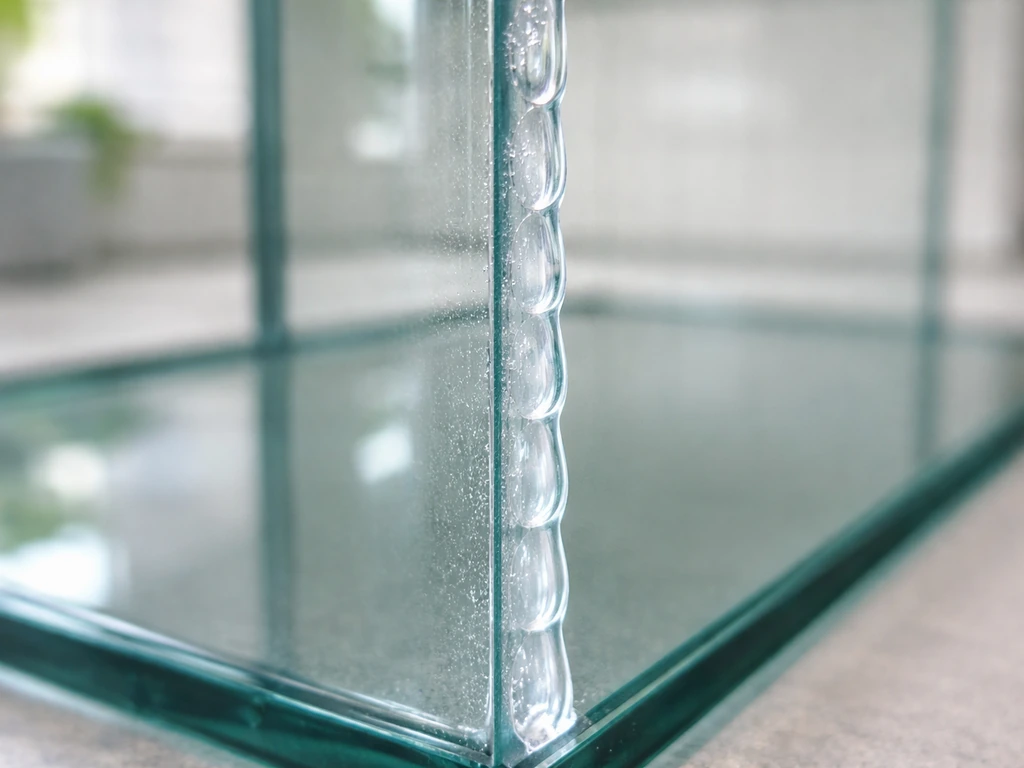 Close-up of clear 100% silicone beads sealing a glass joint, curing beads glistening in natural light.