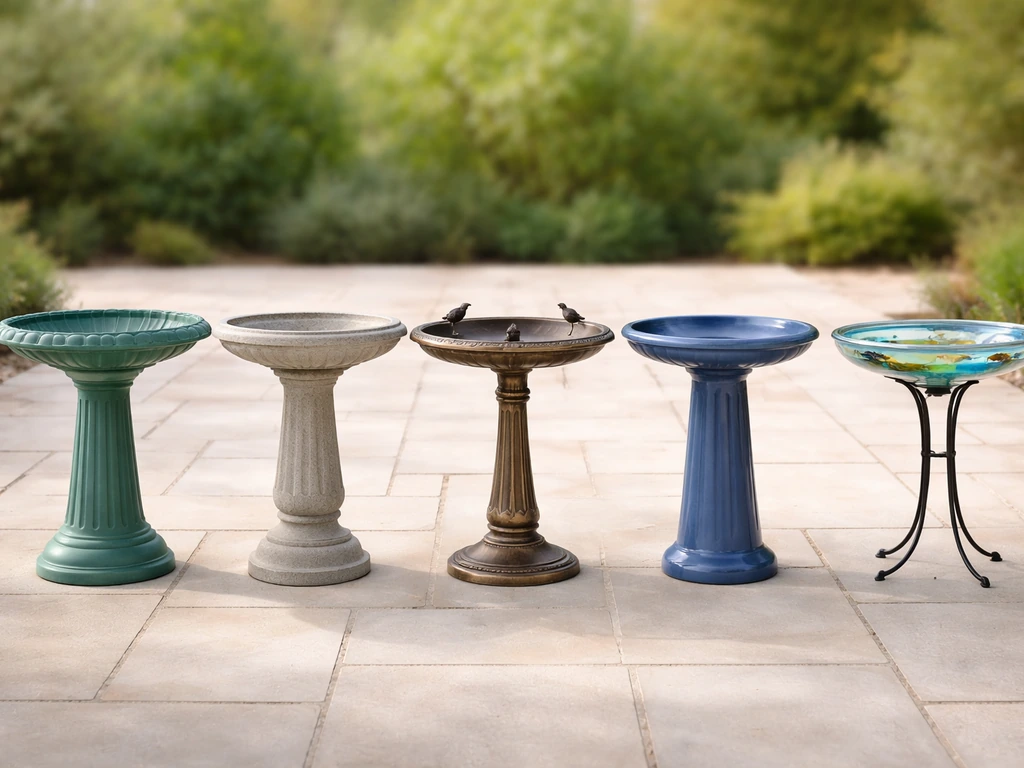 Five different bird baths—plastic/resin, stone, metal, ceramic, and glass—lined up on a patio.