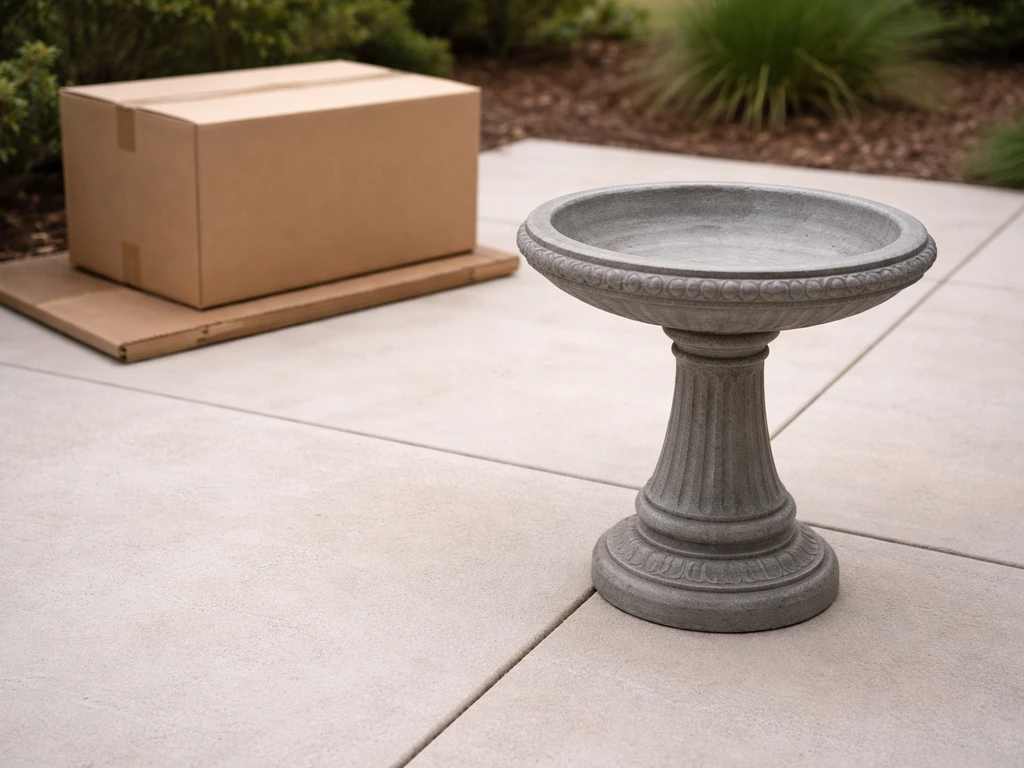 Bird bath bowl on a base with a nearby delivery box/pallet area suggesting extra install and delivery costs.