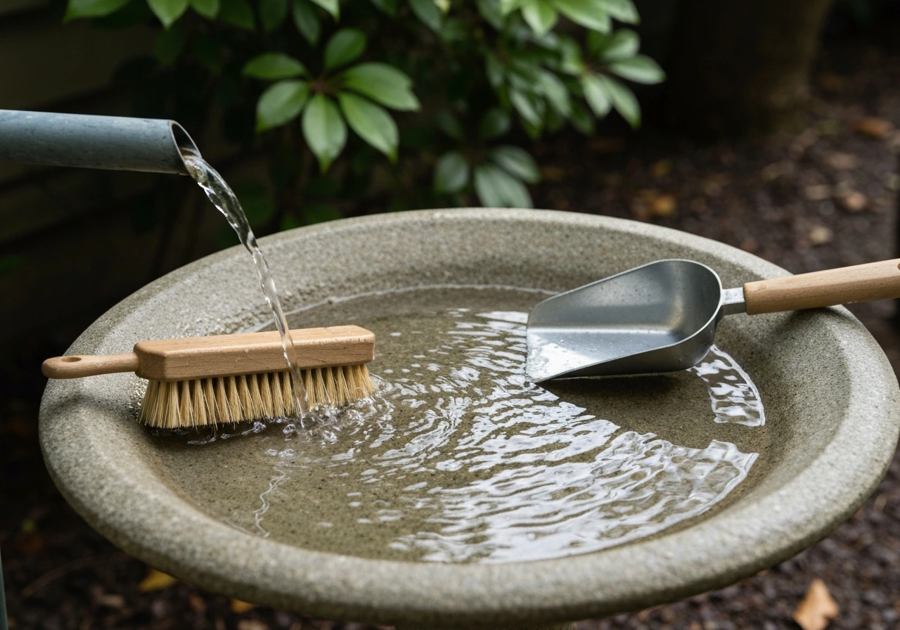 Shaded yard bird bath being cleaned with a stiff brush and fresh water