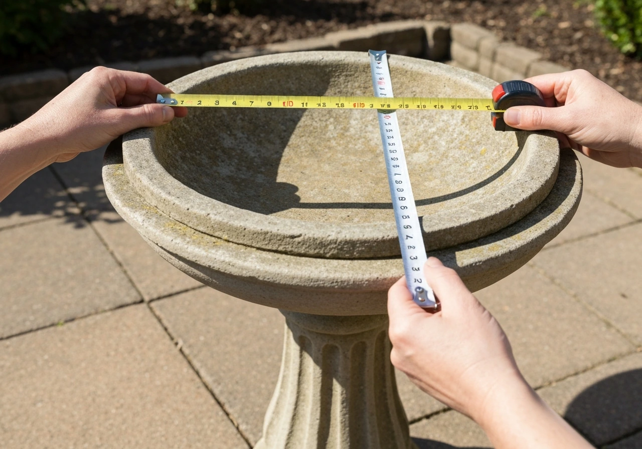 Hands measuring rim-to-rim on an outdoor bird bath bowl with a flexible tape measure