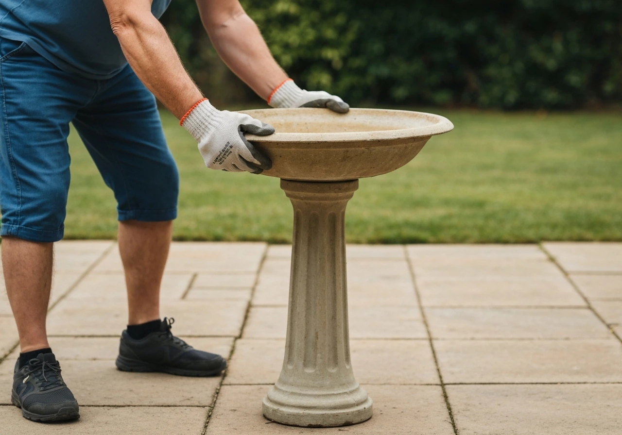 Gloved hands lifting a dry empty bird bath basin straight up off its pedestal outdoors.