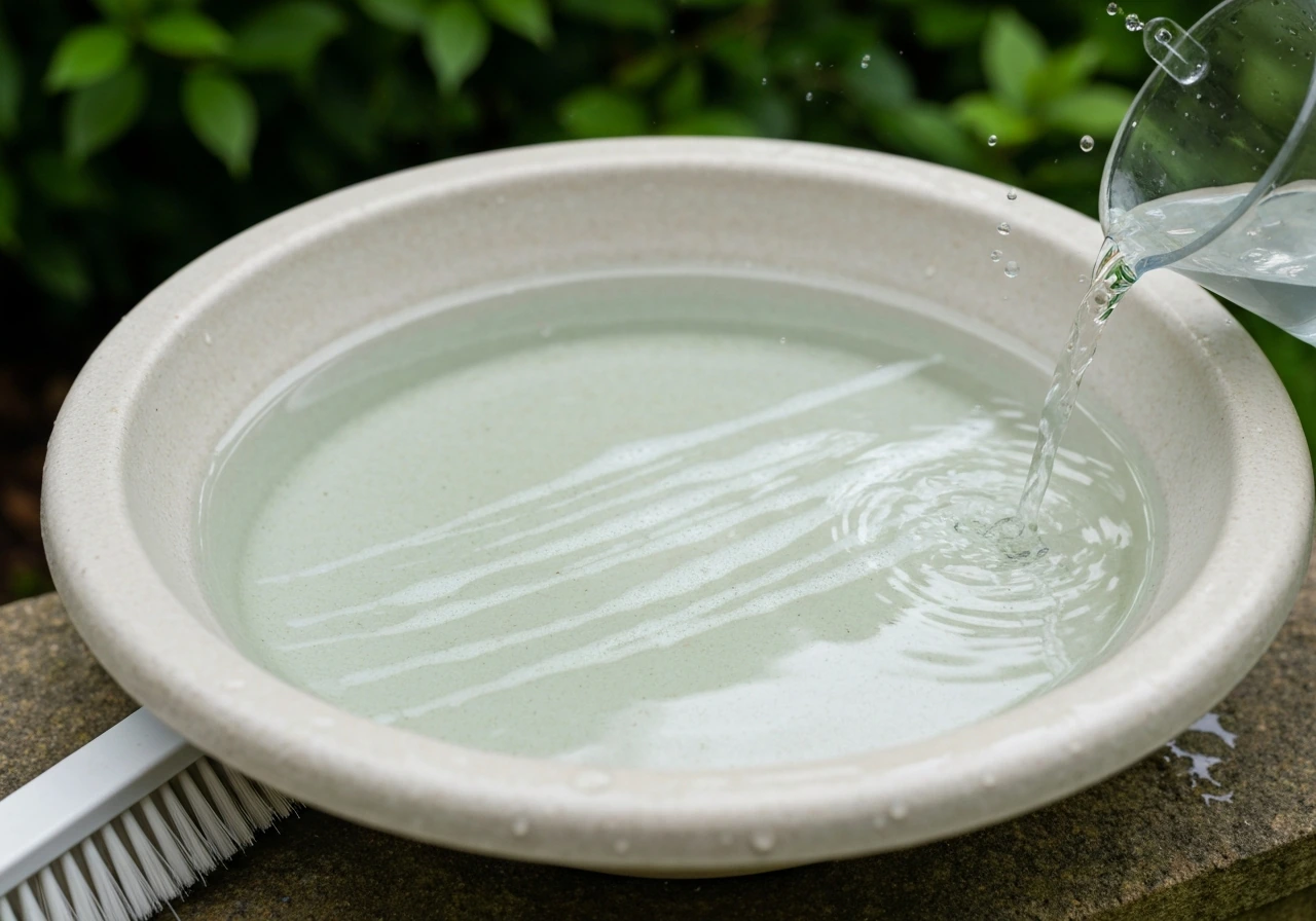 Close-up of a freshly scrubbed bird bath with a stiff brush and fresh water being refilled.