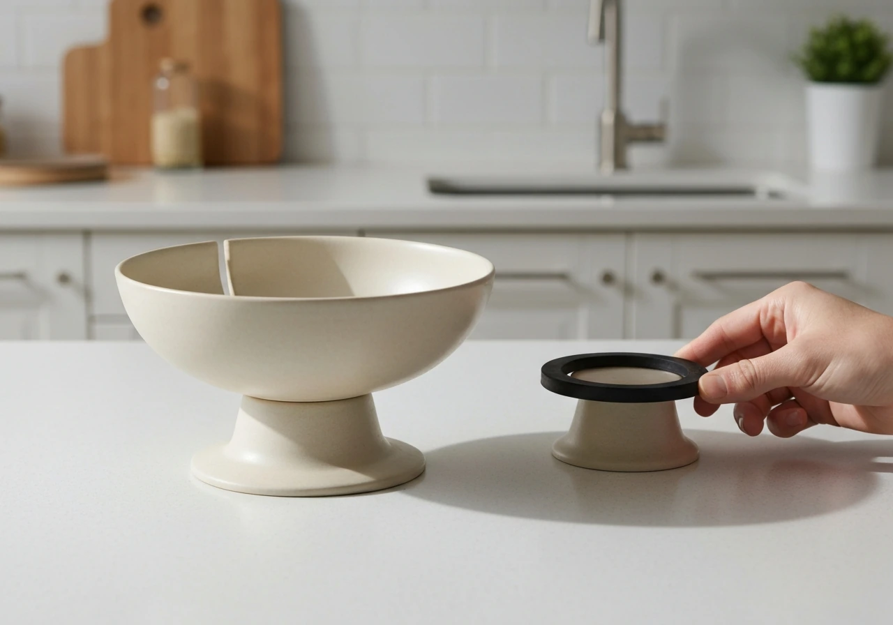 Kitchen pedestal cradle with a slightly mismatched bowl, corrected by a rubber non-slip ring for stability