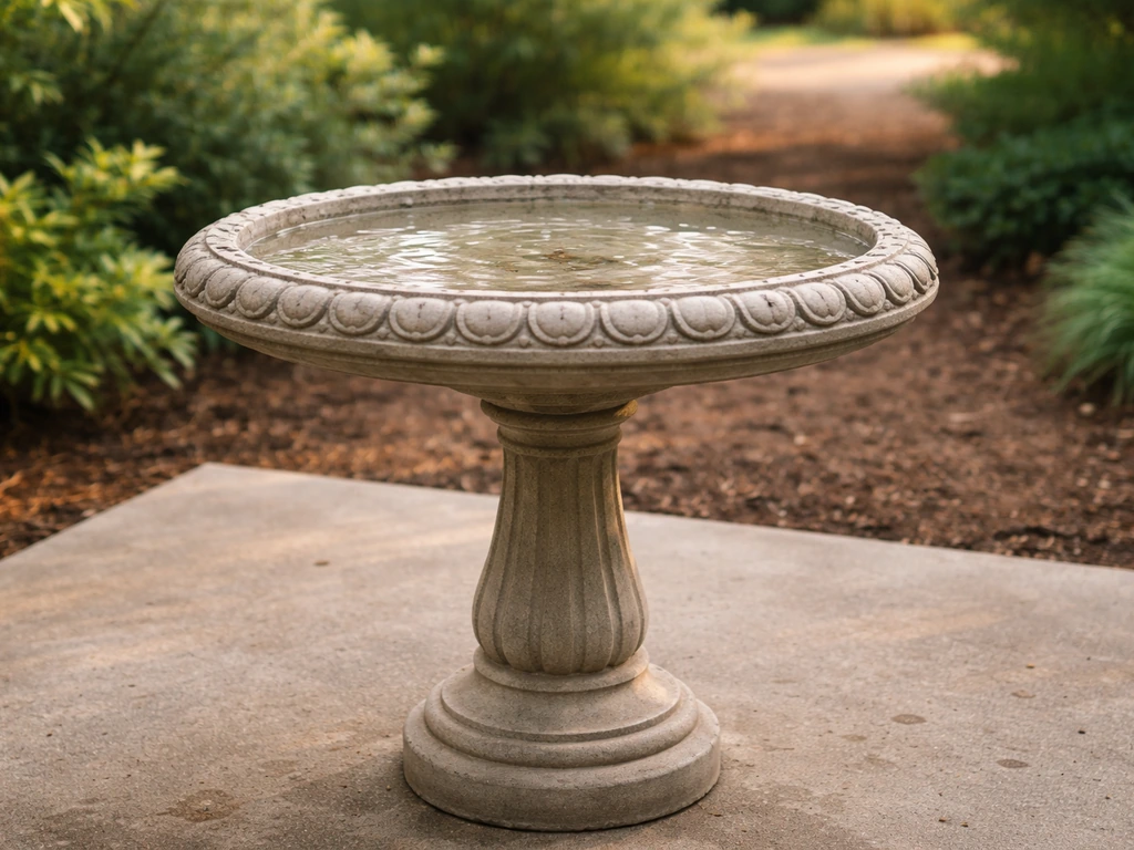 Clean pedestal bird bath with basin prominently framed, suggesting replacing only the bird bath top only.