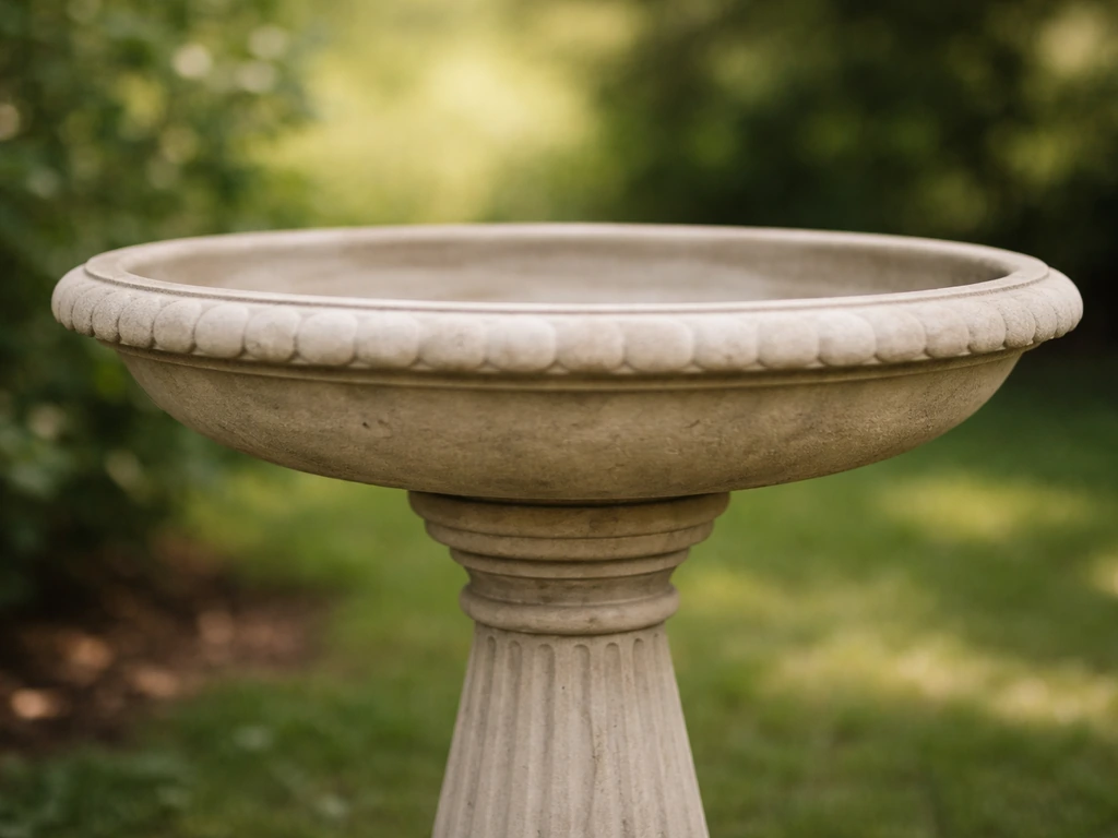 Close-up of a pedestal bird bath showing the basin (top) and the supporting pedestal.