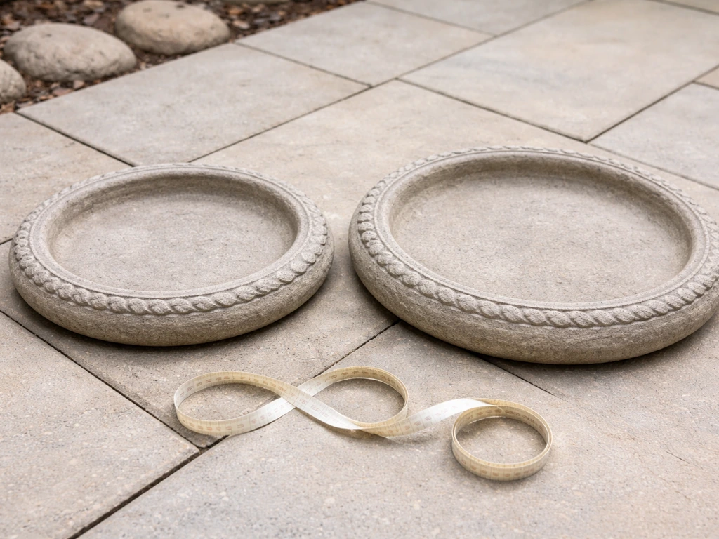 Two matching bird bath stone tops laid out side-by-side for size comparison on a patio