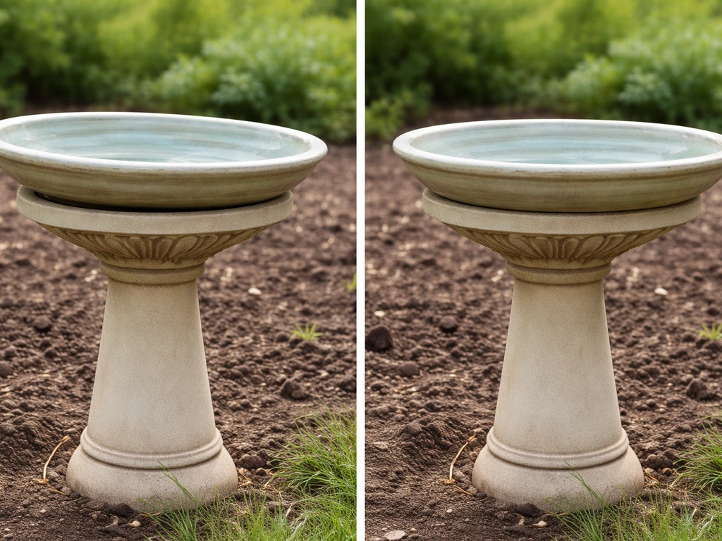 Two bird bath setups side by side: one bowl wobbling on a pedestal, the other seated firmly with level fit.