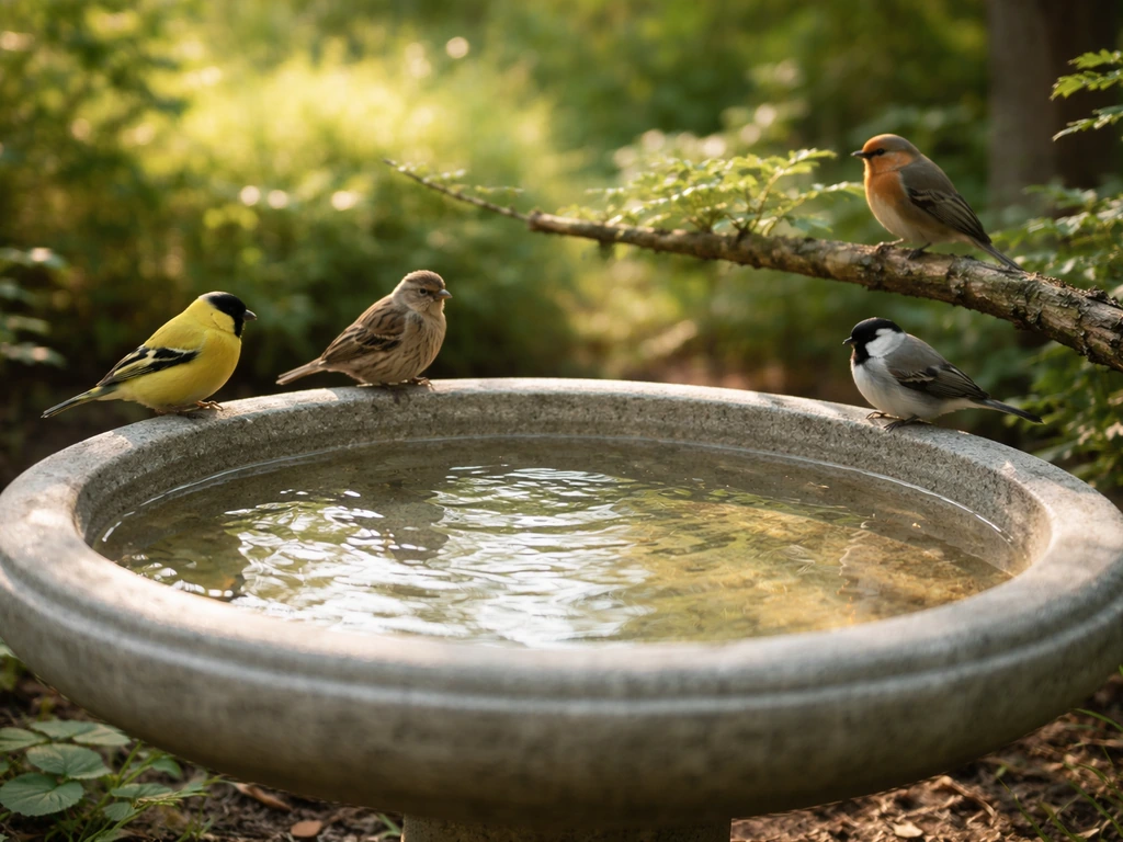 Clean bird bath filled with water with small birds perched nearby in a quiet garden.