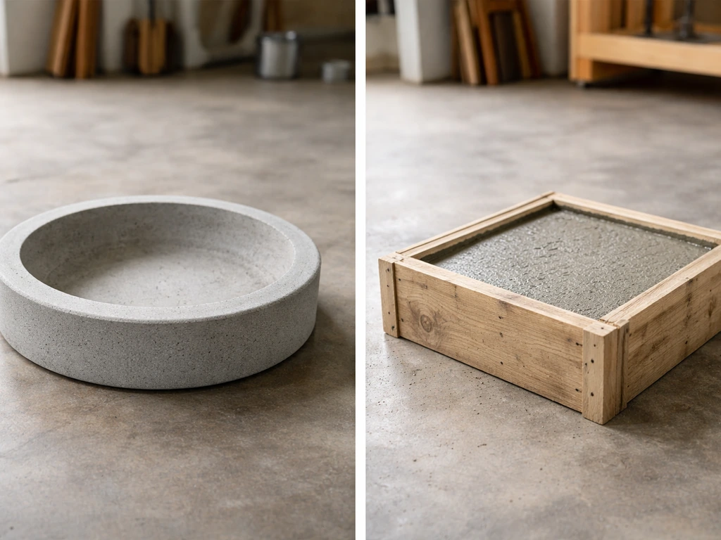 Side-by-side precast bird bath basin and a cast concrete base with a removable form