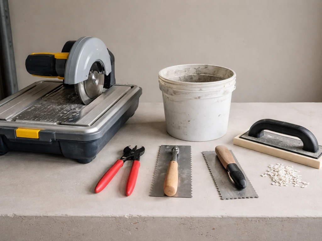 Tile tools laid out on a clean workbench: wet saw, tile nippers, notched trowel, mixing bucket, grout float, spacers.