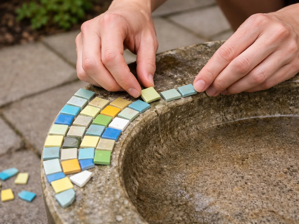Hand arranging mosaic tiles on a bird bath rim with spacing and cut lines for a curve