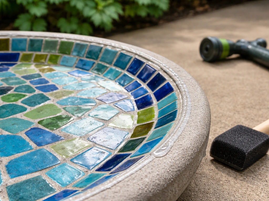 Close-up of a bird bath mosaic with curing grout lines and a clear sealant bead near the rim.