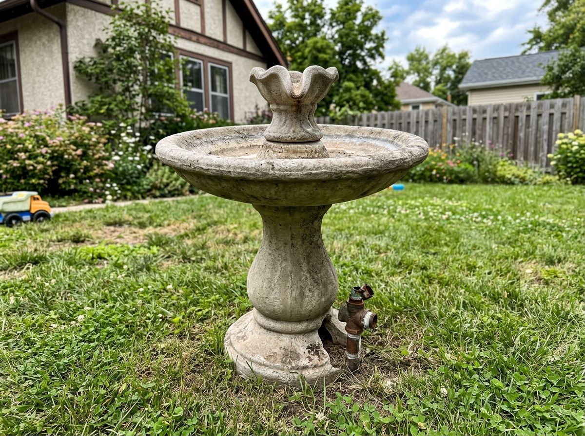 Dry, nonworking bird bath with no water flow, ready for inspection.