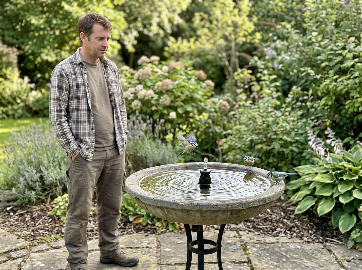 Bird bath pump present but water connection/hose still broken and dry.