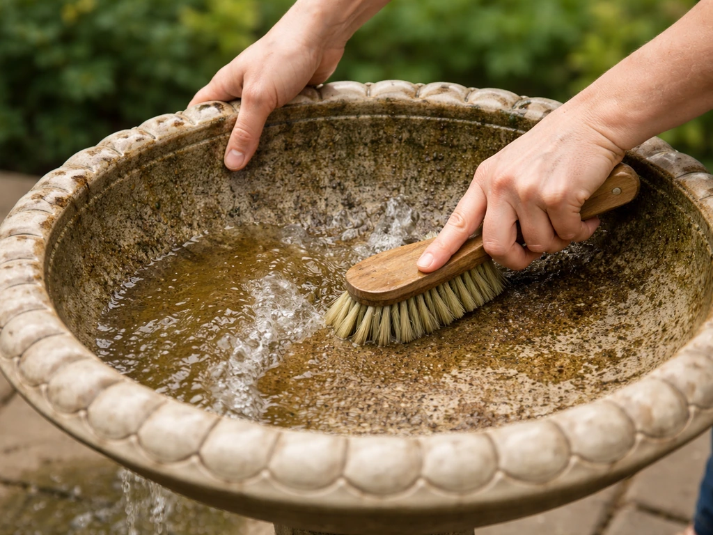Hands emptying a bird bath basin and scrubbing the inside with a stiff brush outdoors.
