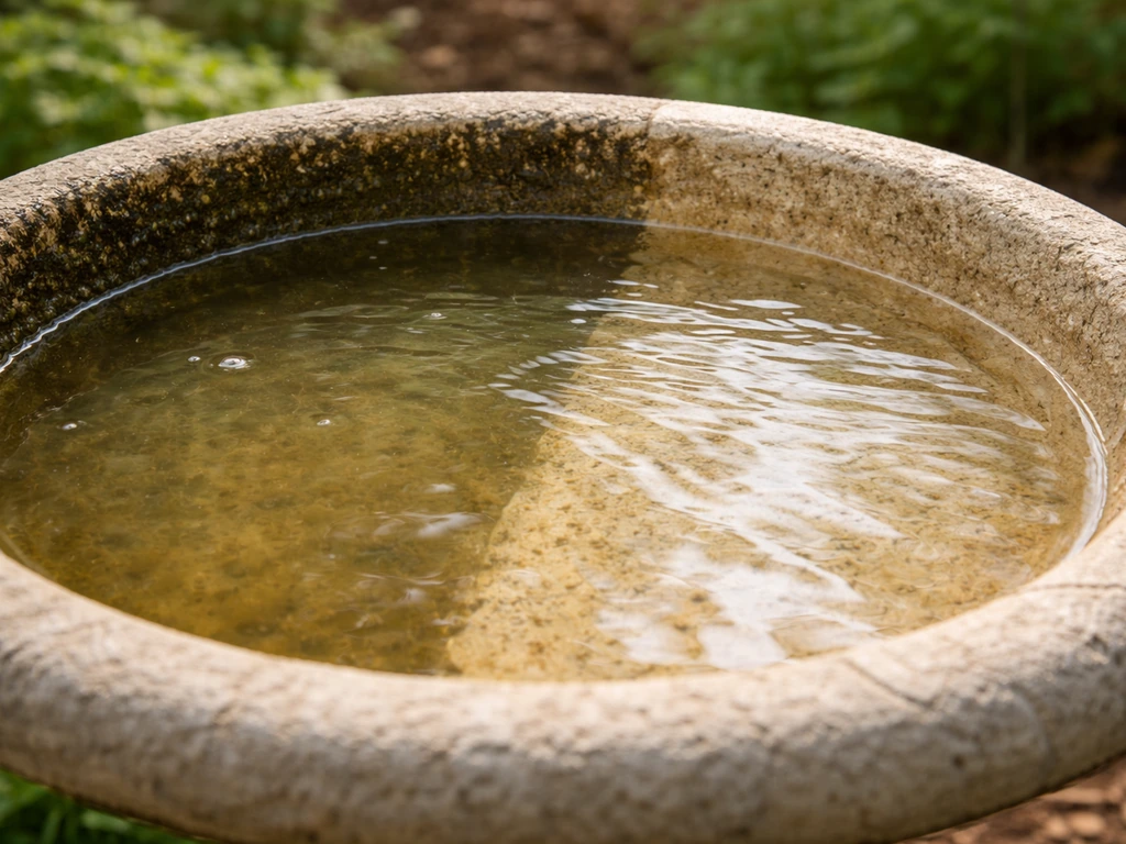 Close-up of a bird bath with cloudy, green-tinted water and a clean rinsed section.