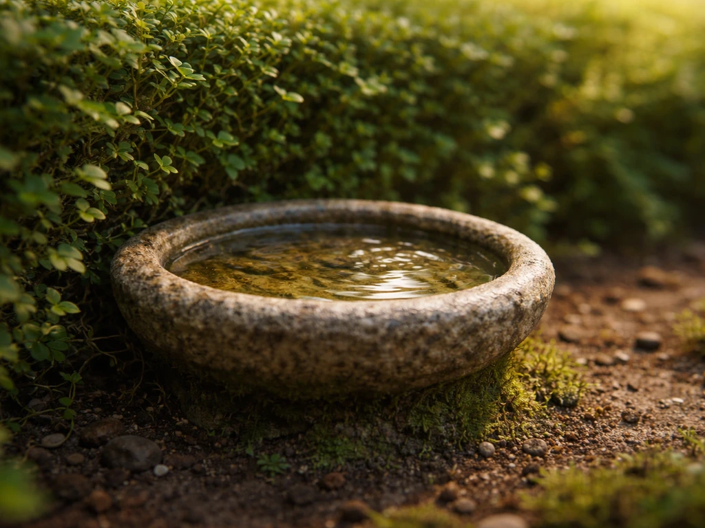 Close-up of a small stone bird bath in a lush hedge, with shallow water and mossy edges.