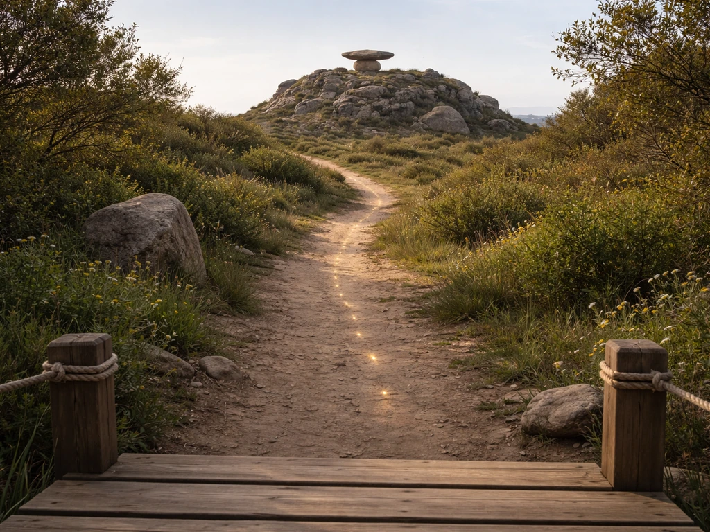 View from Hedge Ascent showing a clear path toward Bird Bath Bluff with landmark cues and an implied quest trail.
