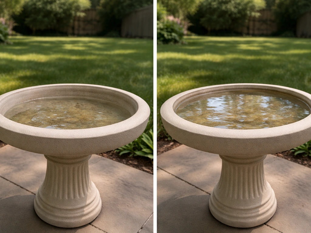 Ceramic bird bath showing two water levels: 1–2 inches deep vs nearly filled to the rim.