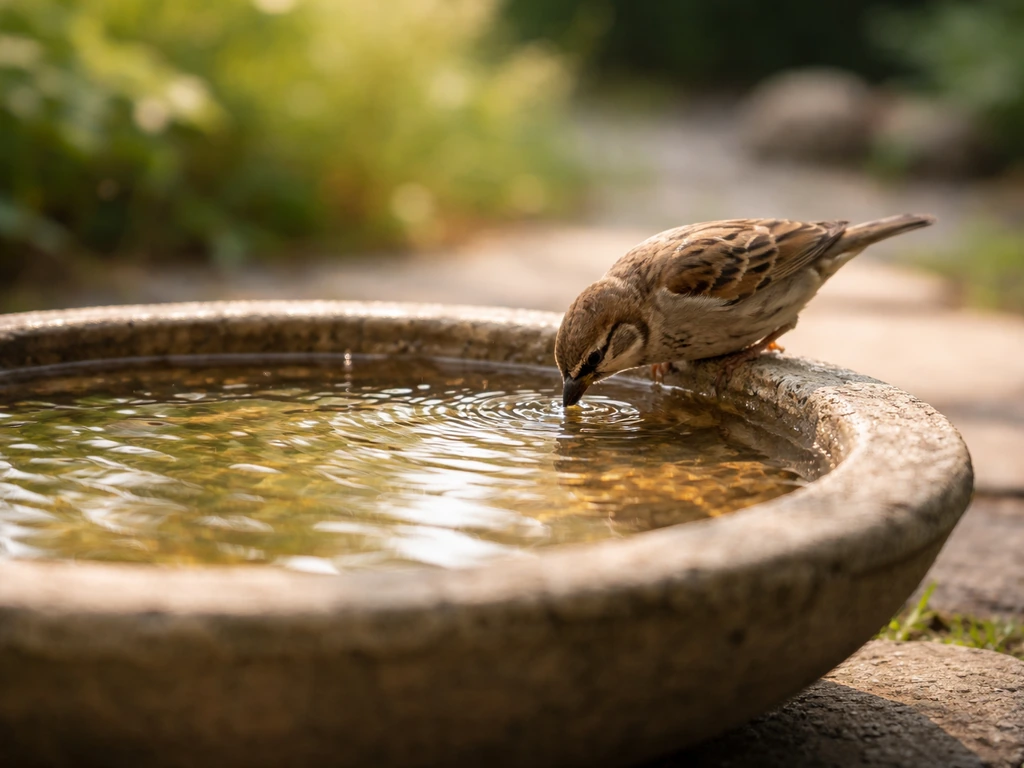 A small bird perched at a shallow birdbath rim with ripples, showing birds drinking and bathing-ready water.