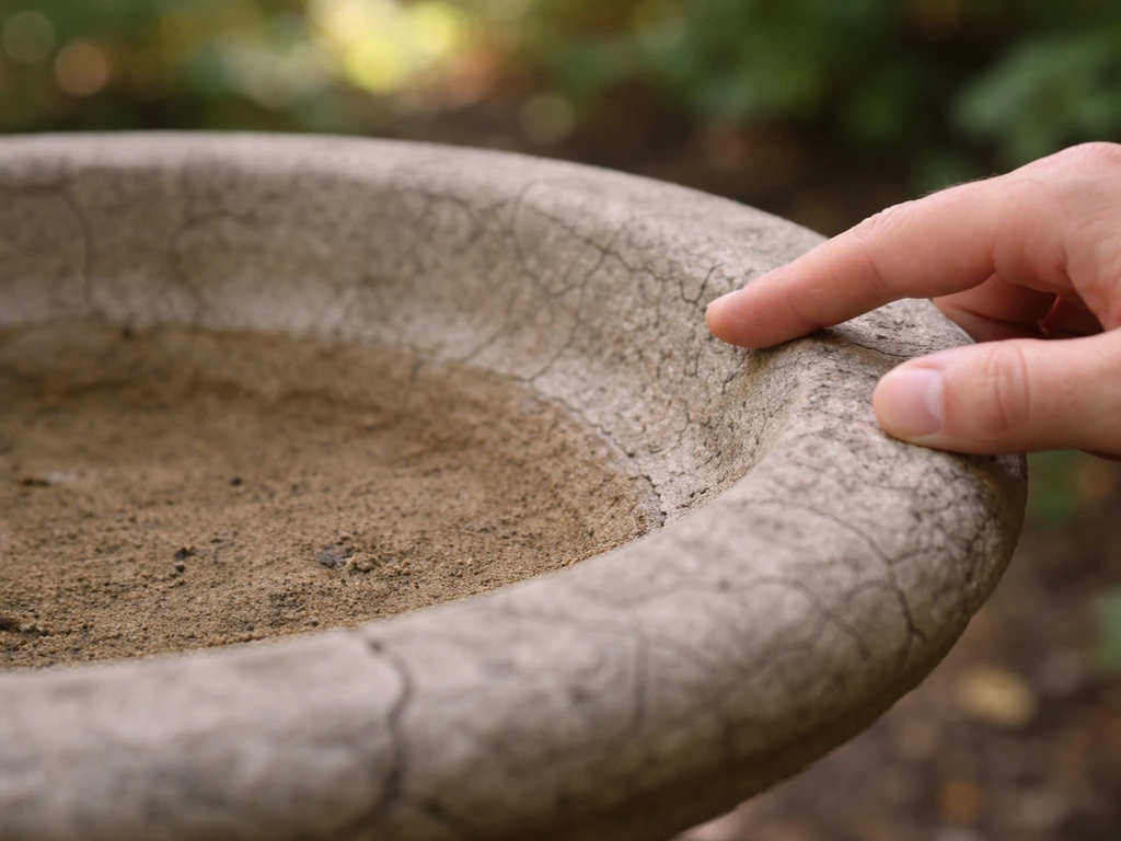 Close-up of a bird bath basin being checked for cracks and surface wear with a hand.