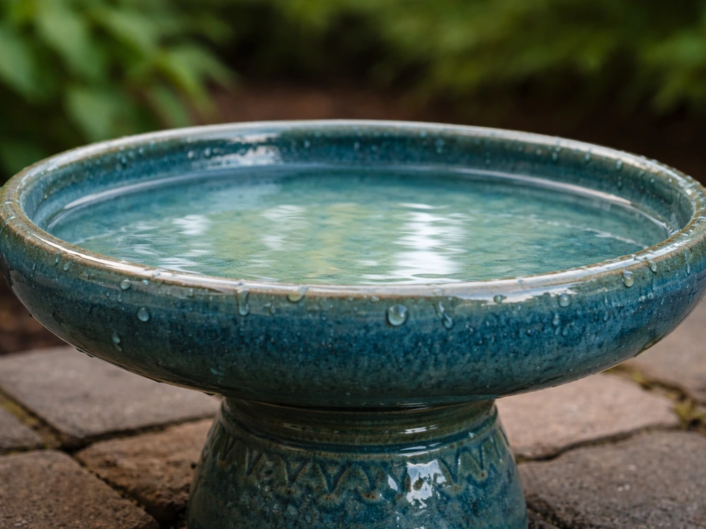 Glazed ceramic bird bath basin with clean, intact smooth surface on a small outdoor patio.