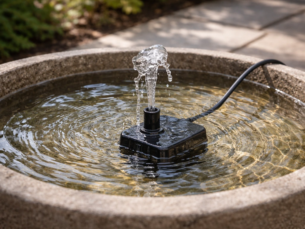 Close-up of a submersible pump in a watertight bird bath basin creating gentle moving water