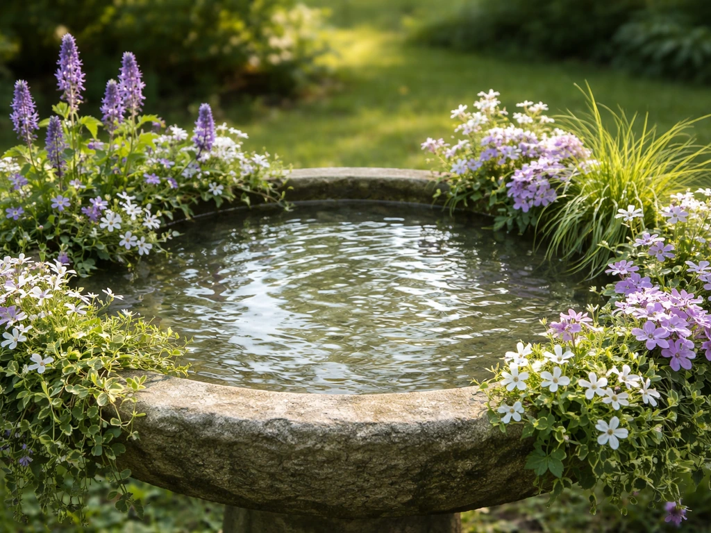 Shallow bird bath with bird-friendly flowers and marginal plants framing an open center for small birds