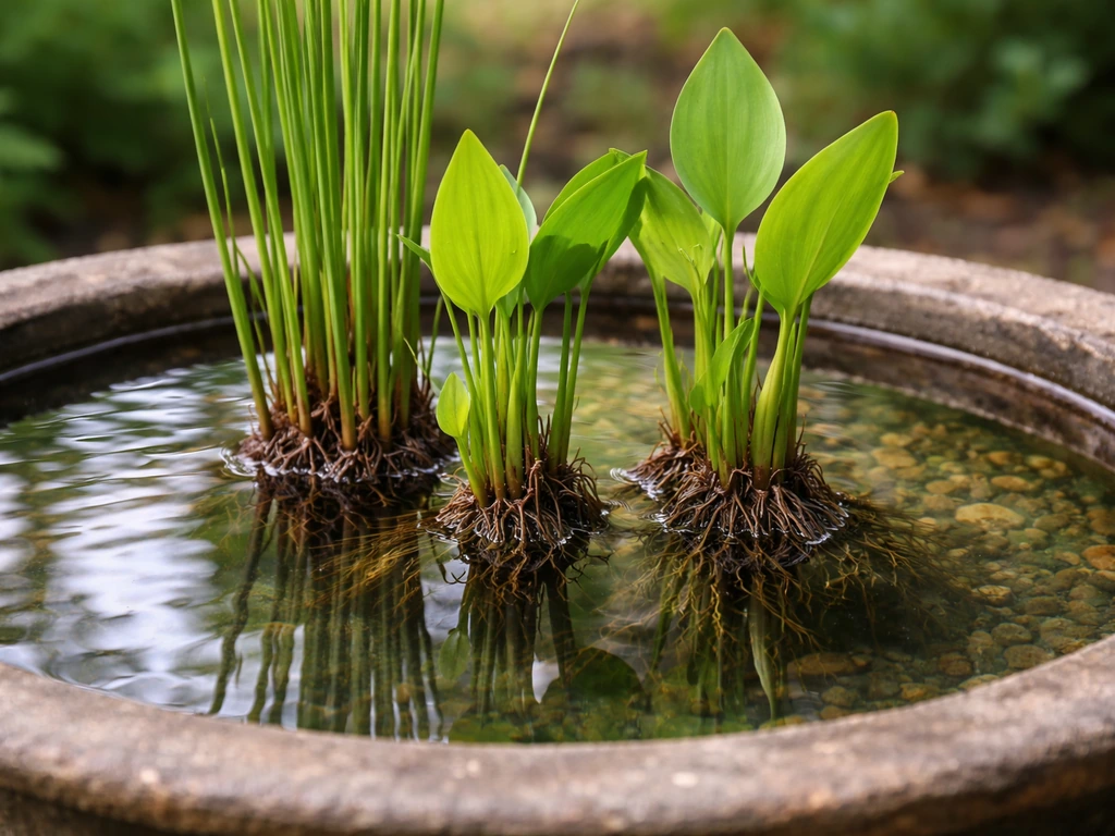Close-up of emergent aquatic plant roots in a shallow bird bath with stems above the waterline.