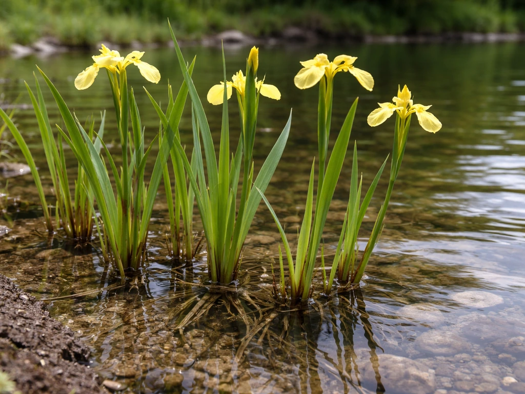 Shallow pond edge with water iris/pickerelweed stems and submerged bases, leaves and flowers above water