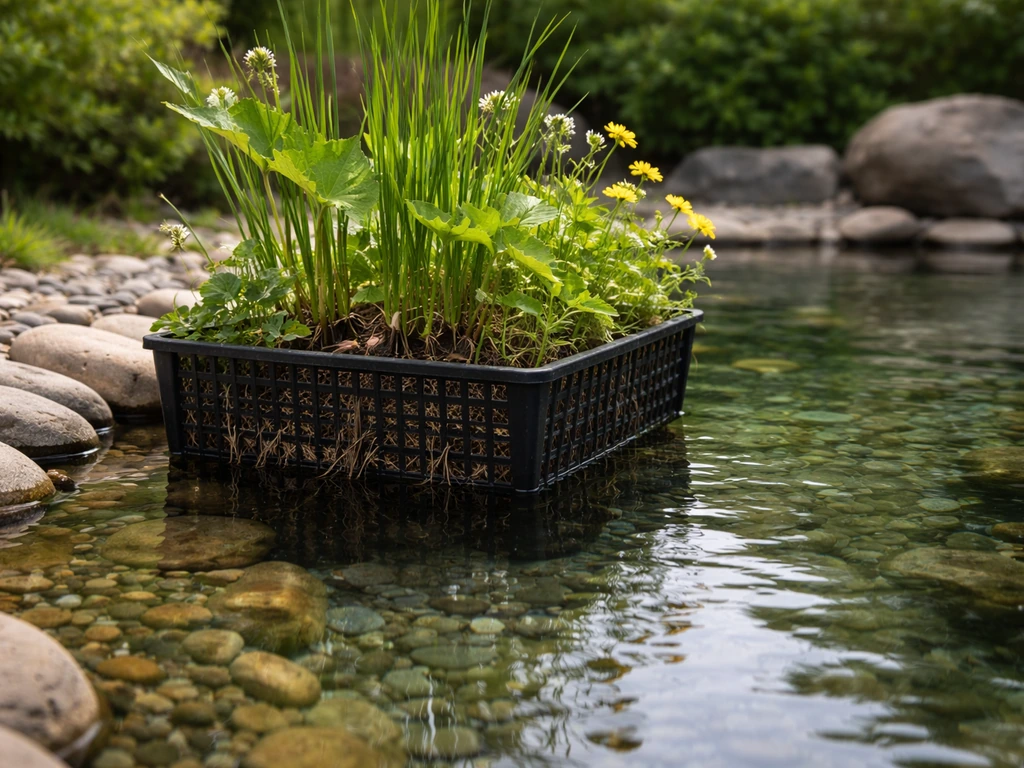 Lattice aquatic basket with rooted marginal plants at the pond edge, open bathing lane in clear water.