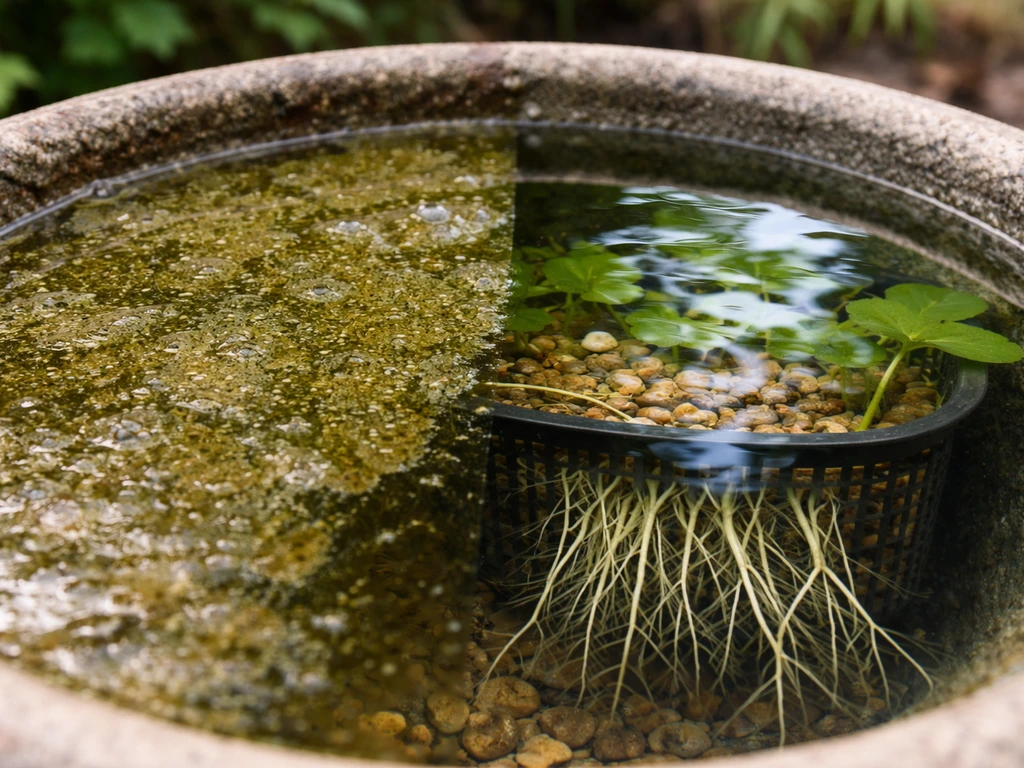 Close-up of a bird bath surface with green algae, showing a cleaned algae-free patch and plant roots.