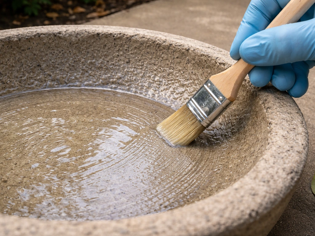 Close-up of a concrete bird bath basin being sealed with a non-toxic sealer for bird safety