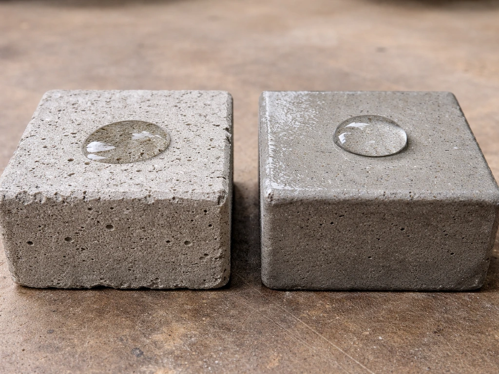 Two concrete samples side-by-side: raw porous concrete absorbs water, sealed concrete beads a droplet.