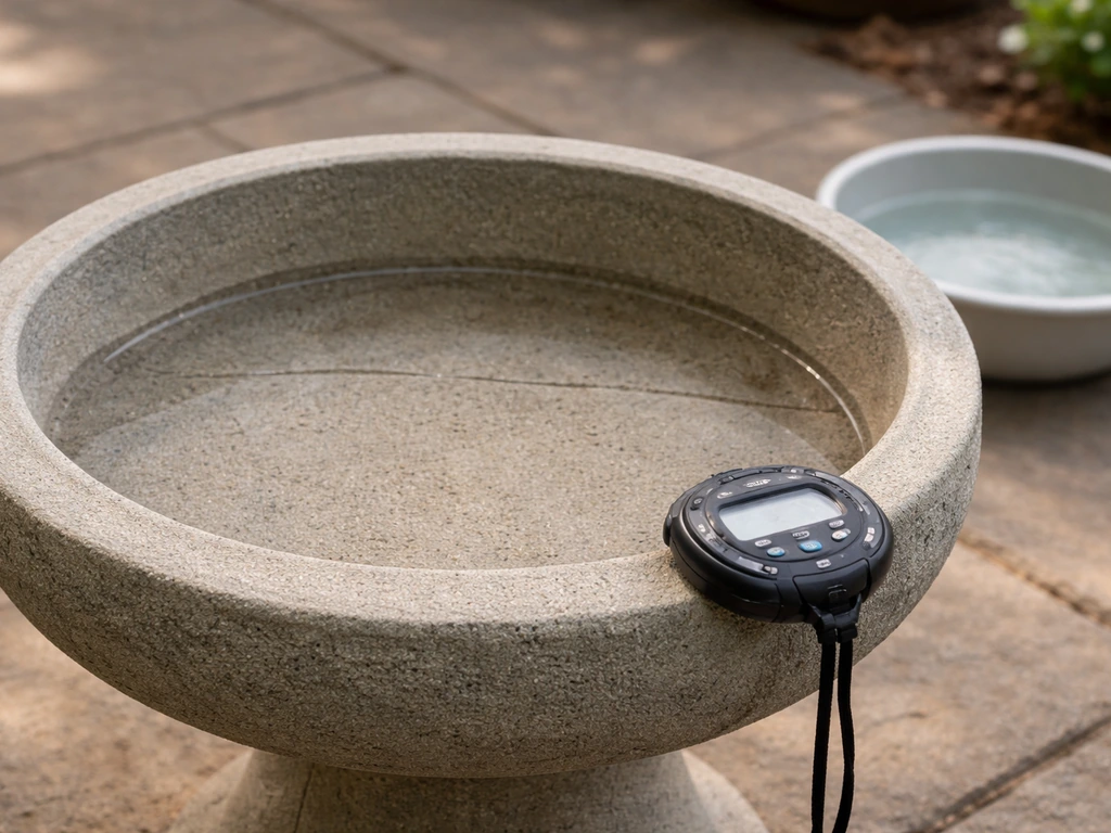 Close-up of an empty concrete bird bath basin with a stopwatch on the edge, showing careful water timing.