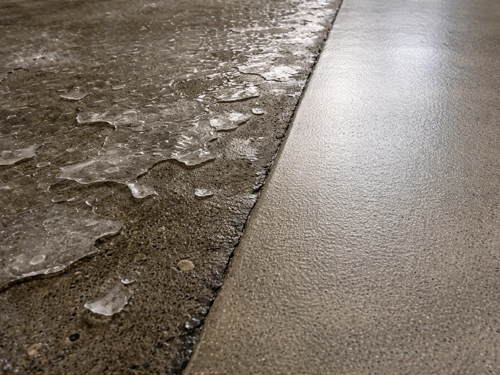 Peeling sealer and flaking film on damp concrete beside a smoothly bonded sealed patch.