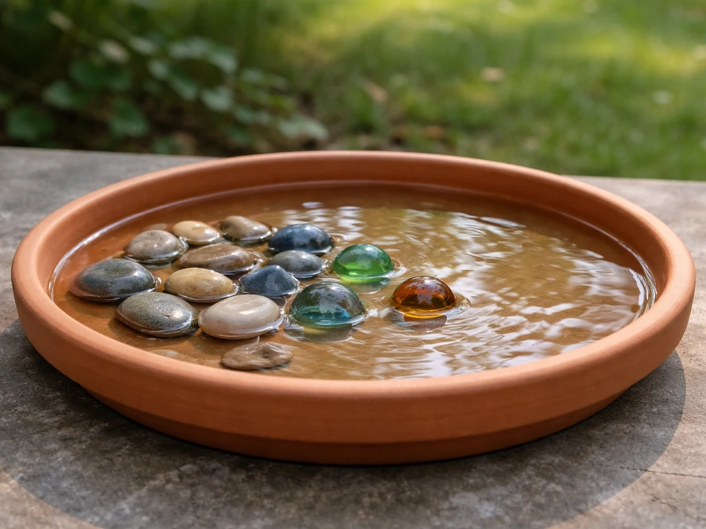 Terracotta plant saucer with a thin layer of water and smooth pebbles or glass marbles