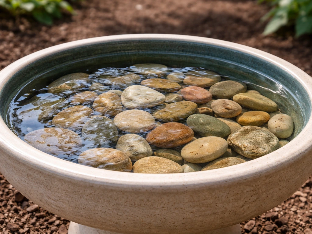 Modified bird bath with shallow layer of smooth stones and clear water, hummingbird-friendly setup.