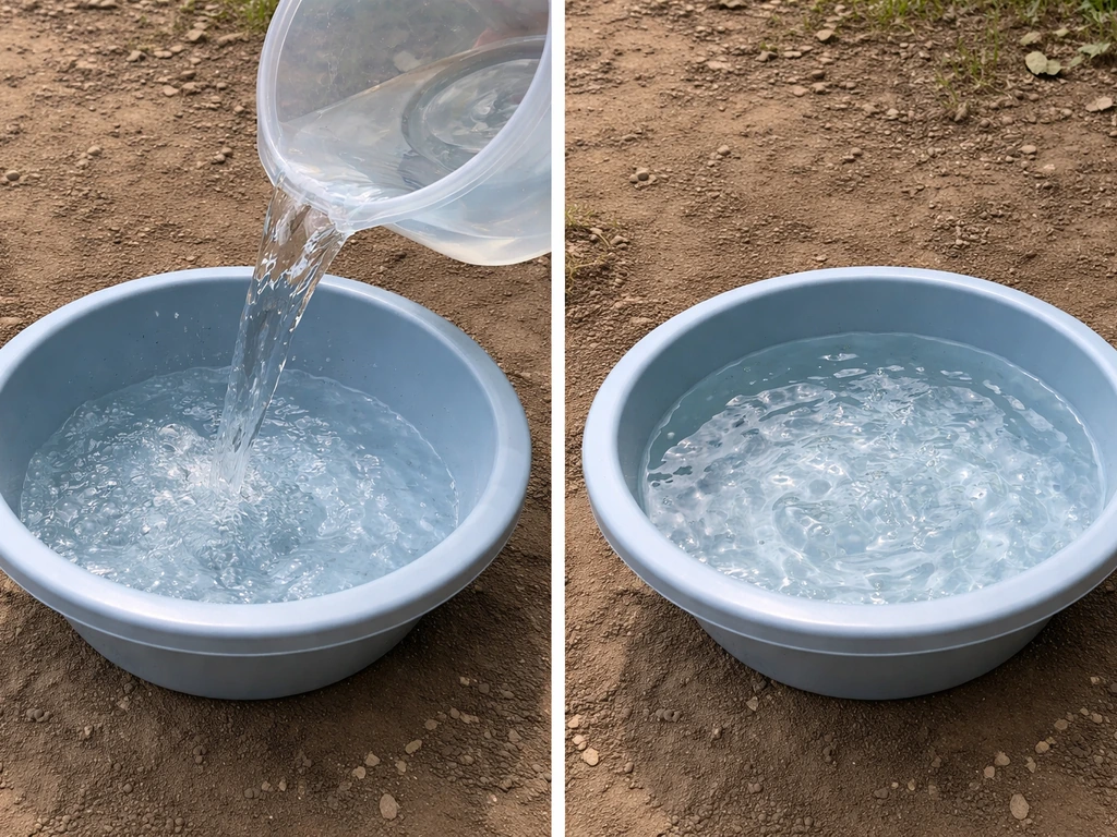Shallow outdoor bath being refilled with fresh water using a small bucket to keep it clean