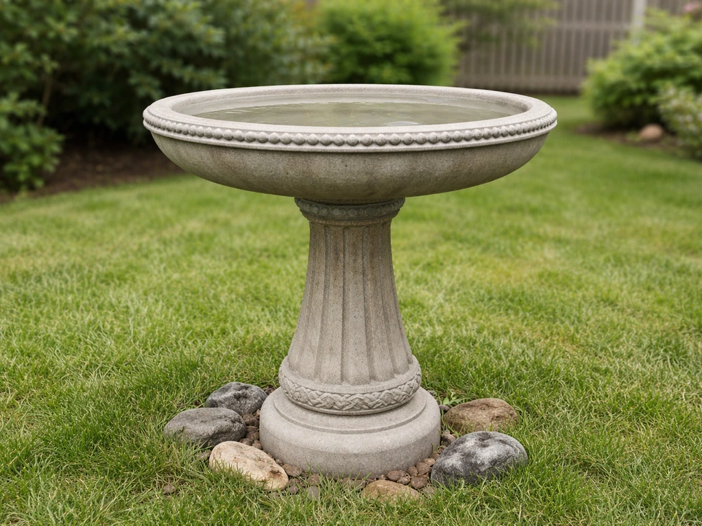 Outdoor yard scene with a large bird bath pedestal and a top-only replacement basin installed neatly and sealed.